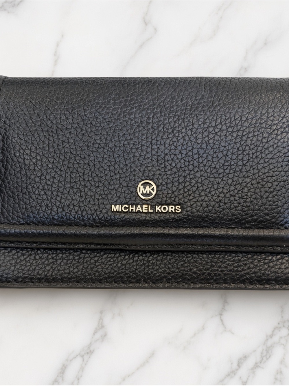 Michael Kors Black Pebbled Leather Card Holder with Gold Logo